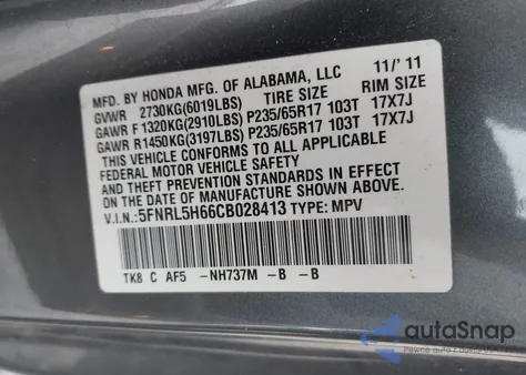 2012 Honda Odyssey Ex-L from USA, damaged, VIN 5FNRL5H66CB028413